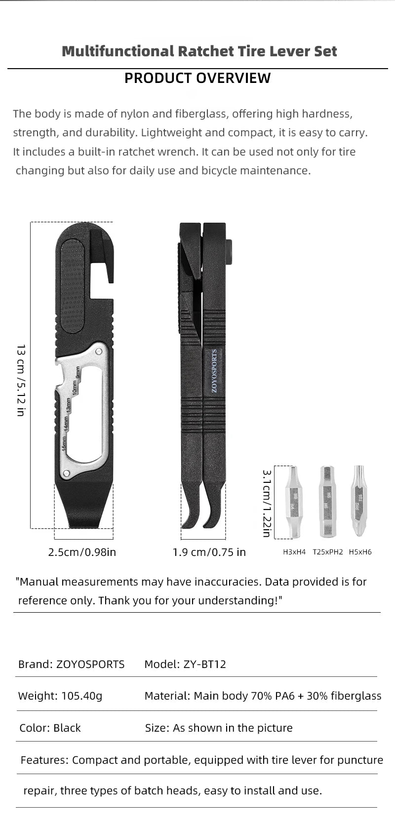 ZOYOSPORTS High Strength Nylon Multifunctional Bicycle Tire Levers Portable Hex Wrench Set Ratchet Wrench Kit Bike Accessories