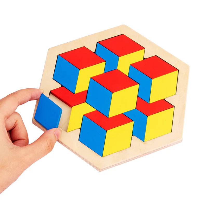 Montessori Wooden Toys 3D Jigsaw Puzzle Tangram Math Toys Baby Hand Grasp Board Shape Match Puzzle Educational Toys for Kids
