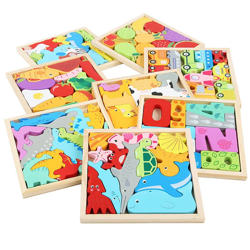 Montessori Wooden Toys 3D Jigsaw Puzzle Tangram Math Toys Baby Hand Grasp Board Shape Match Puzzle Educational Toys for Kids
