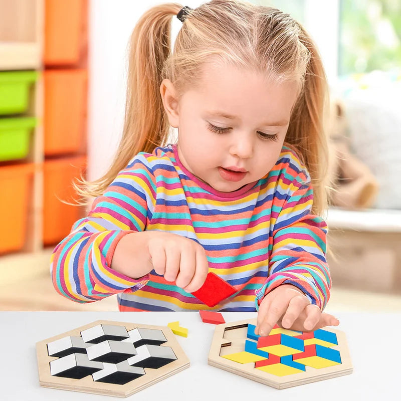 Montessori Wooden Toys 3D Jigsaw Puzzle Tangram Math Toys Baby Hand Grasp Board Shape Match Puzzle Educational Toys for Kids