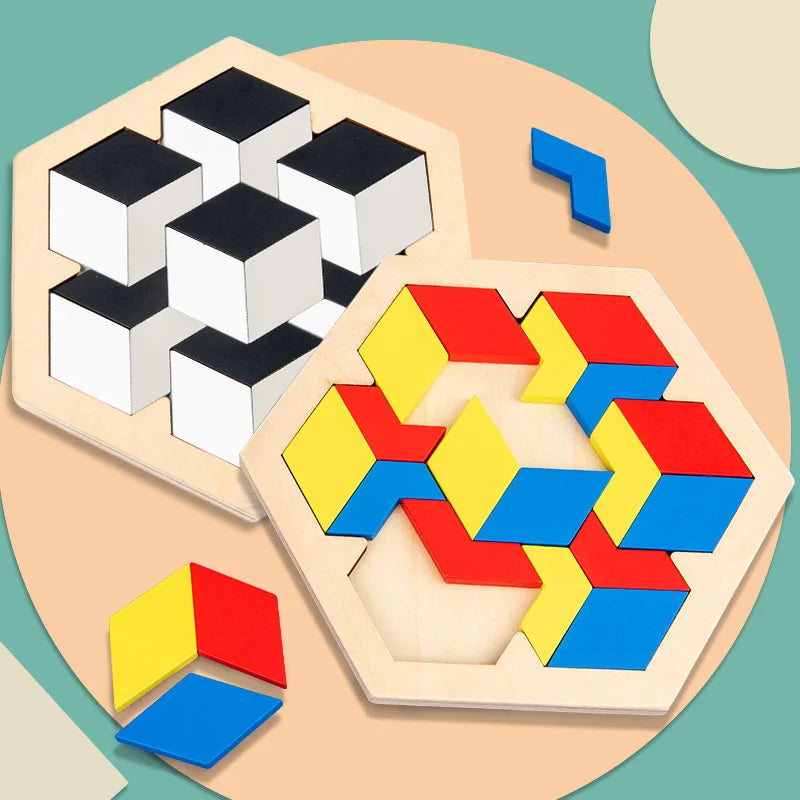 Montessori Wooden Toys 3D Jigsaw Puzzle Tangram Math Toys Baby Hand Grasp Board Shape Match Puzzle Educational Toys for Kids