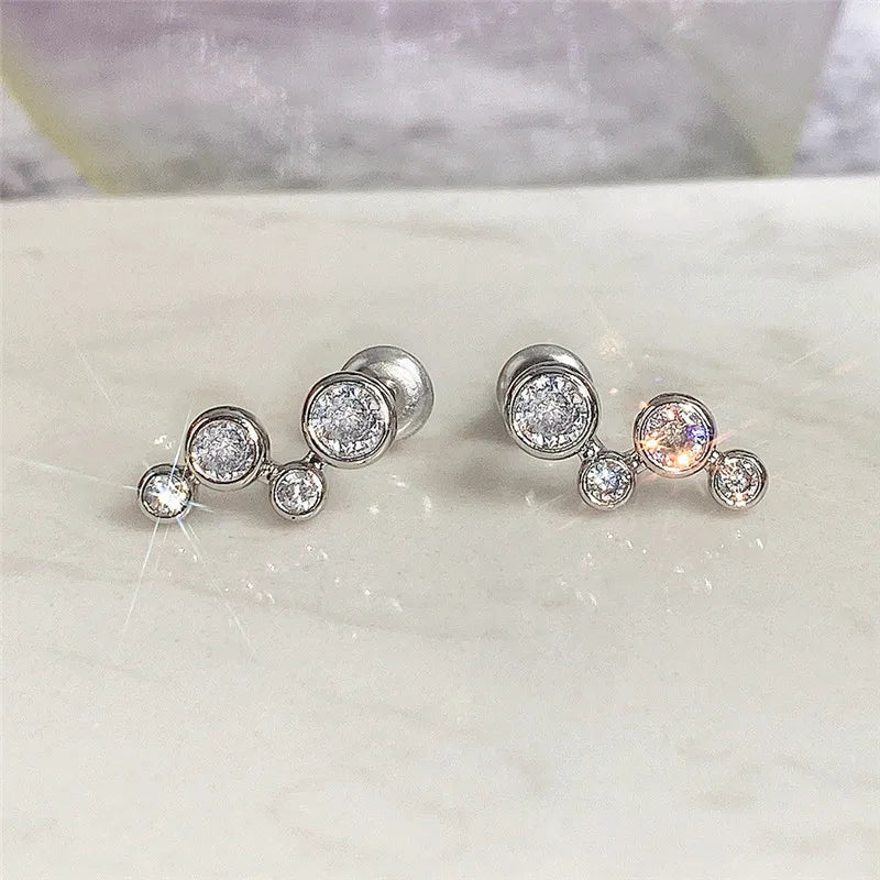 Minimalist Silver Color Stud Earrings for Women Round Cubic Zirconia Low-key Girls Ear Earrings Nice Gift Fashion Jewelry