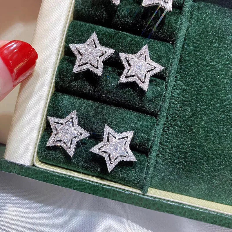 Brilliant Crystal Star Earrings Women Full Paved White Cubic Zirconia Simple Stylish Earring Versatile Fashion Jewelry