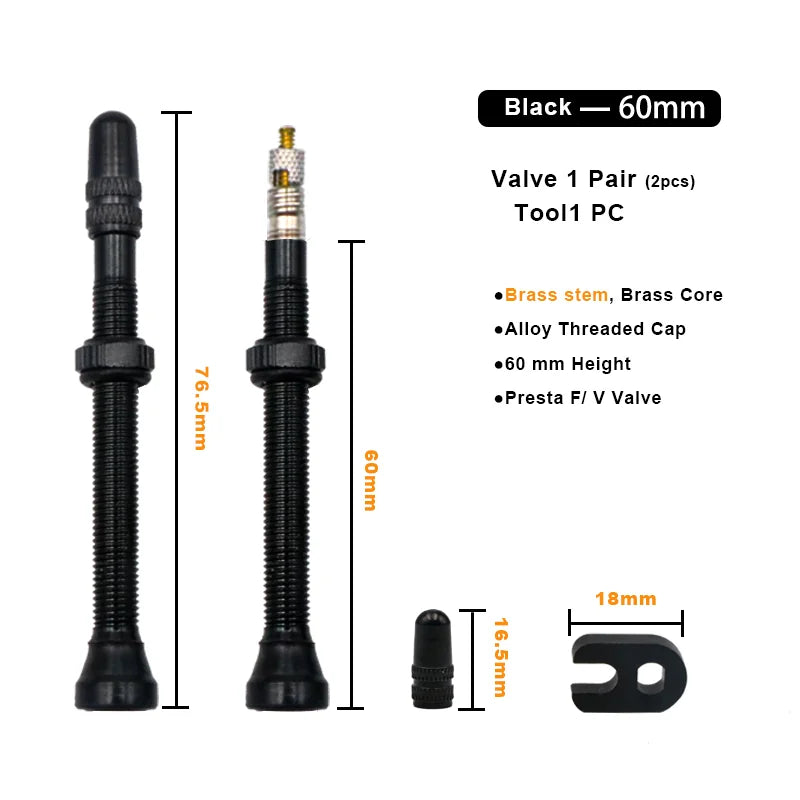 2Pcs 40/60MM Bicycle Vacuum Air Valve Durable Alloy Stem Brass Core F/V Presta MTB Bike Tubeless Tire Nozzle Cap Cycling Parts