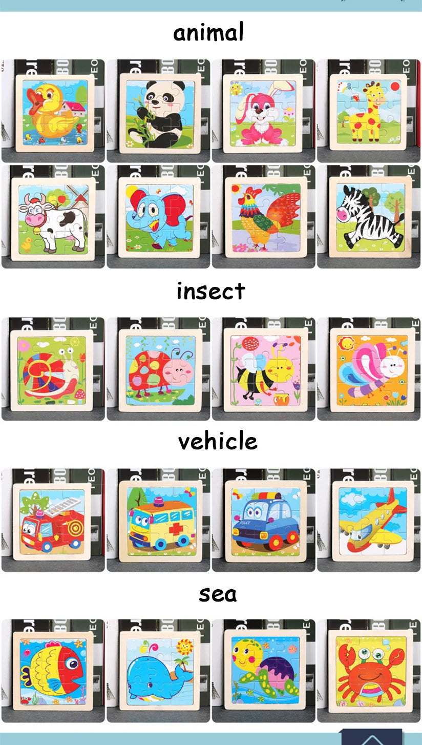 Baby Wooden Toys 11x11cm Jigsaw 3d Puzzle Cartoon Animal Traffic Wooden Puzzle Game Montessori Educational Toys For Children