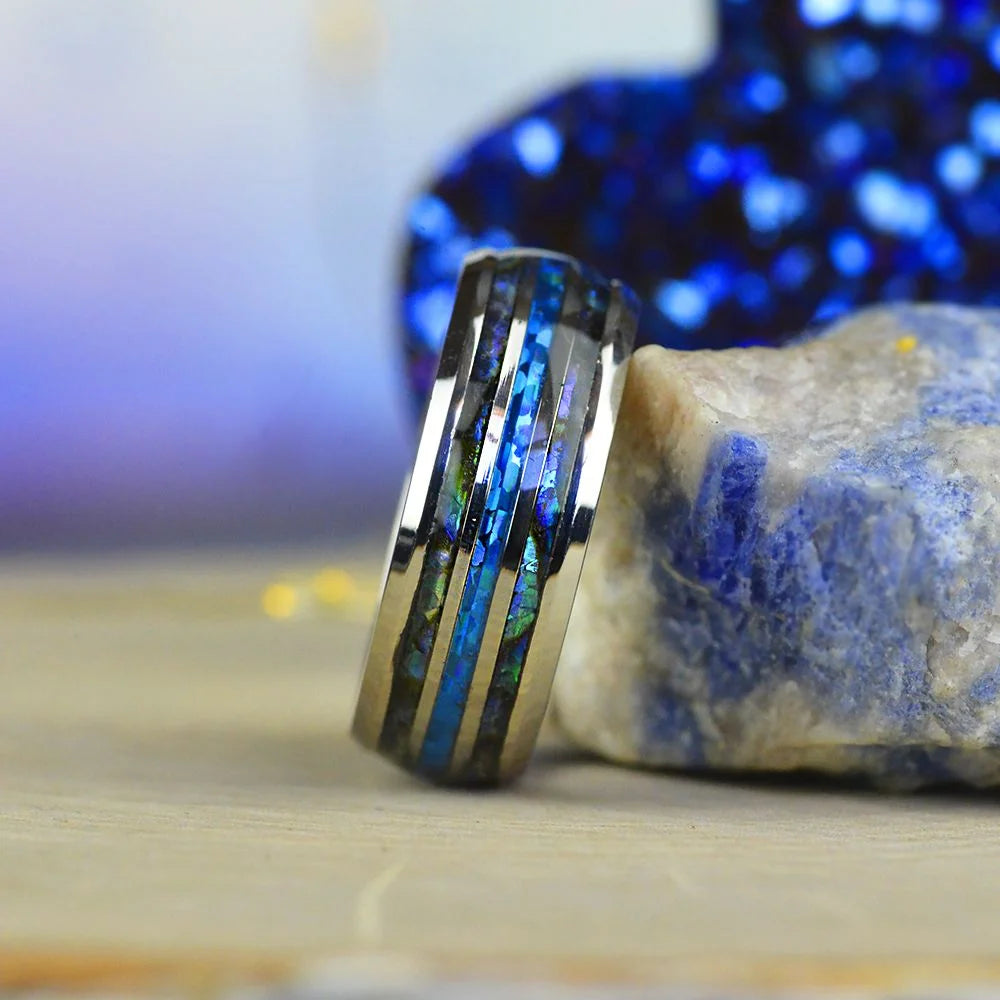 Fashion 8mm Rose Gold Color Tungsten Wedding Men Stainless Steel Rings Inlay Abalone Shell Blue Opal Rings Men Wedding Jewelry