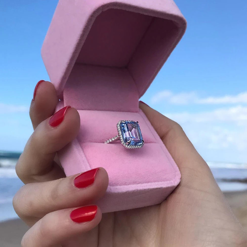 Luxury AAA Sky Blue CZ Stone Bridal Rings Graceful Anniversary Gift Ring for Wife Brilliant Women Classic Wedding Jewelry