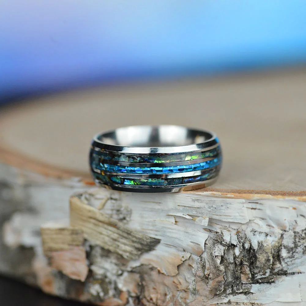 Fashion 8mm Rose Gold Color Tungsten Wedding Men Stainless Steel Rings Inlay Abalone Shell Blue Opal Rings Men Wedding Jewelry