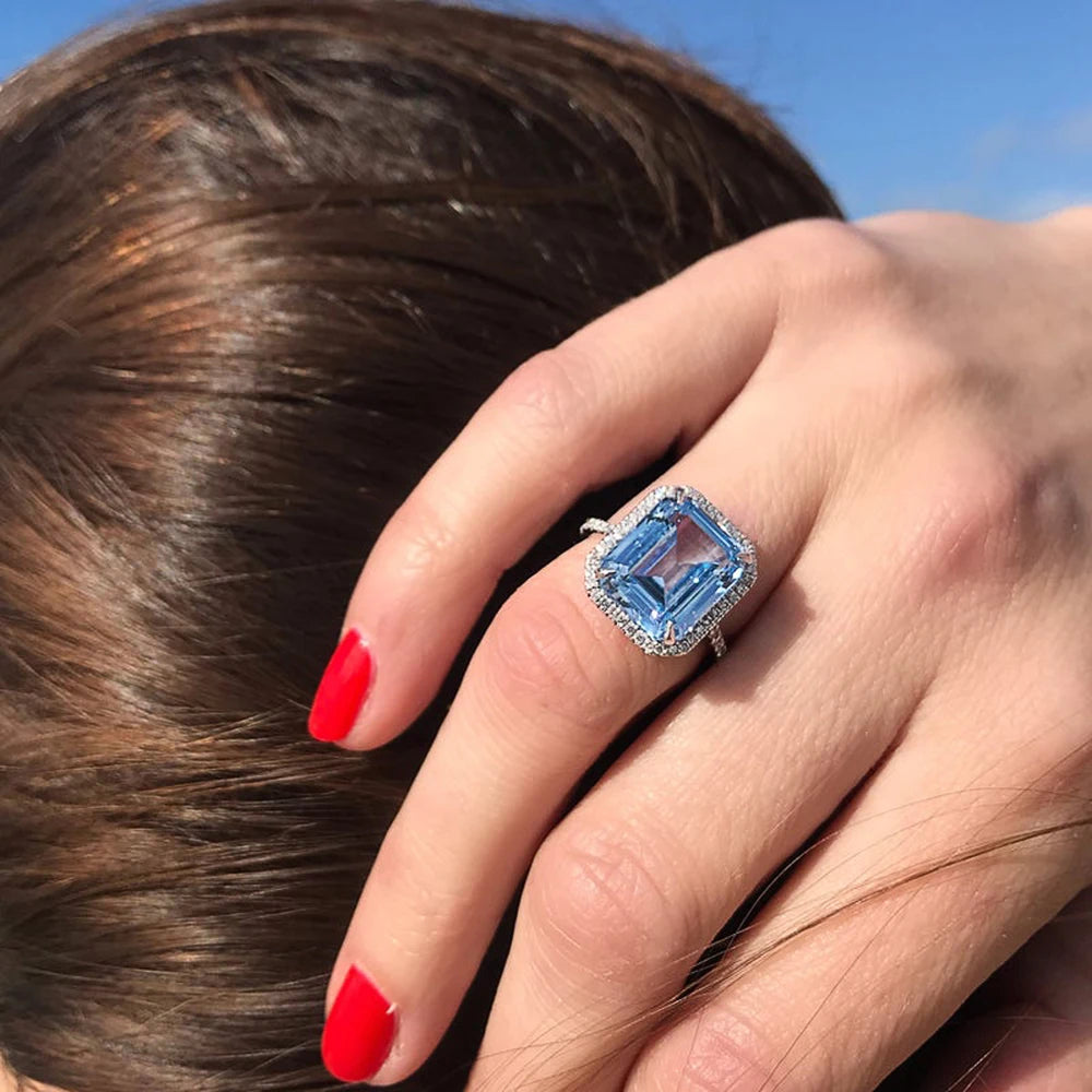Luxury AAA Sky Blue CZ Stone Bridal Rings Graceful Anniversary Gift Ring for Wife Brilliant Women Classic Wedding Jewelry