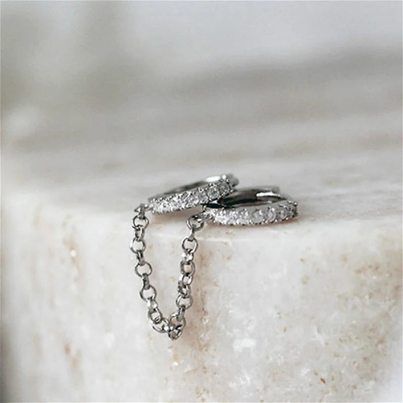 One PCS Hot Sale Two Hole Piercing Earrings for Women Brilliant Crystal Zircon 3 Metal Color Chain Earring Party Jewelry