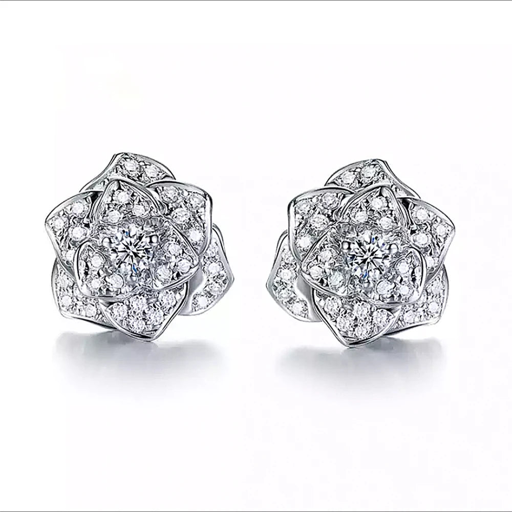 Shiny Cubic Zircon Flower Stud Earring for Women Silver Color Delicate Anniversary Gift Lady Stylish Accessories Ear Ring