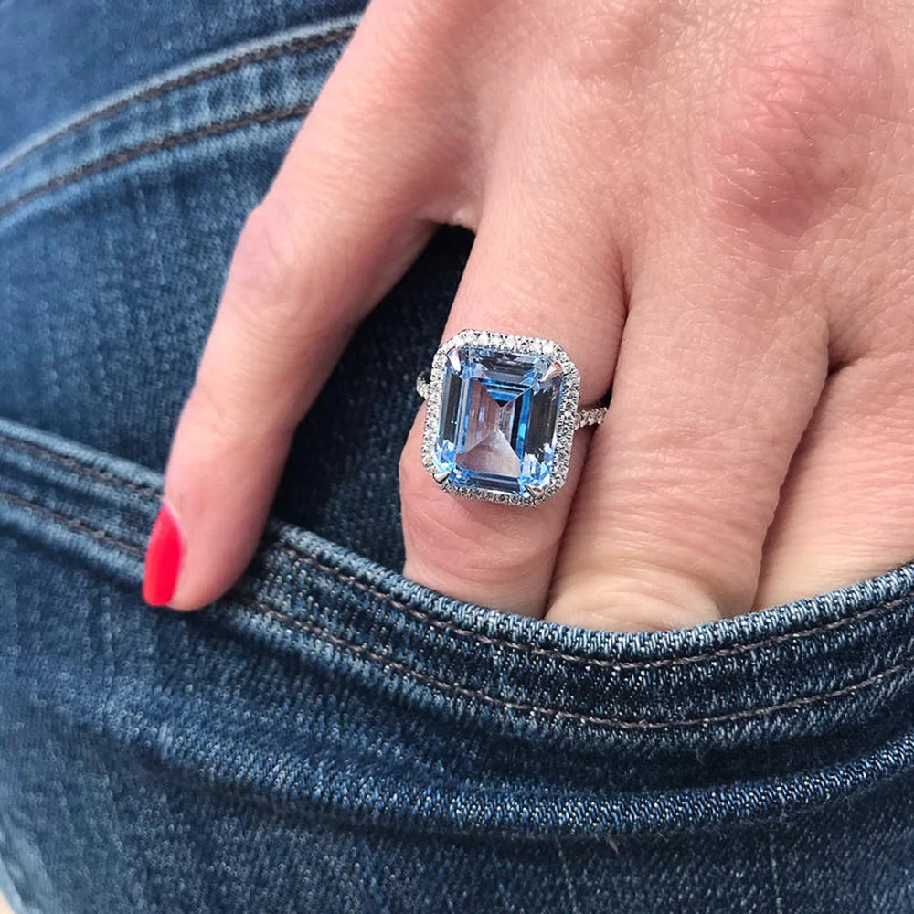 Luxury AAA Sky Blue CZ Stone Bridal Rings Graceful Anniversary Gift Ring for Wife Brilliant Women Classic Wedding Jewelry