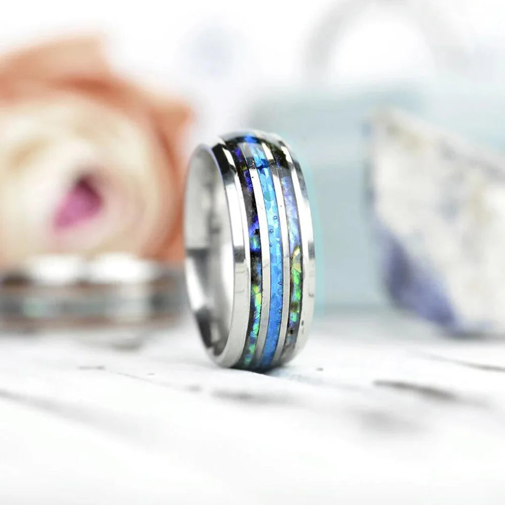 Fashion 8mm Rose Gold Color Tungsten Wedding Men Stainless Steel Rings Inlay Abalone Shell Blue Opal Rings Men Wedding Jewelry