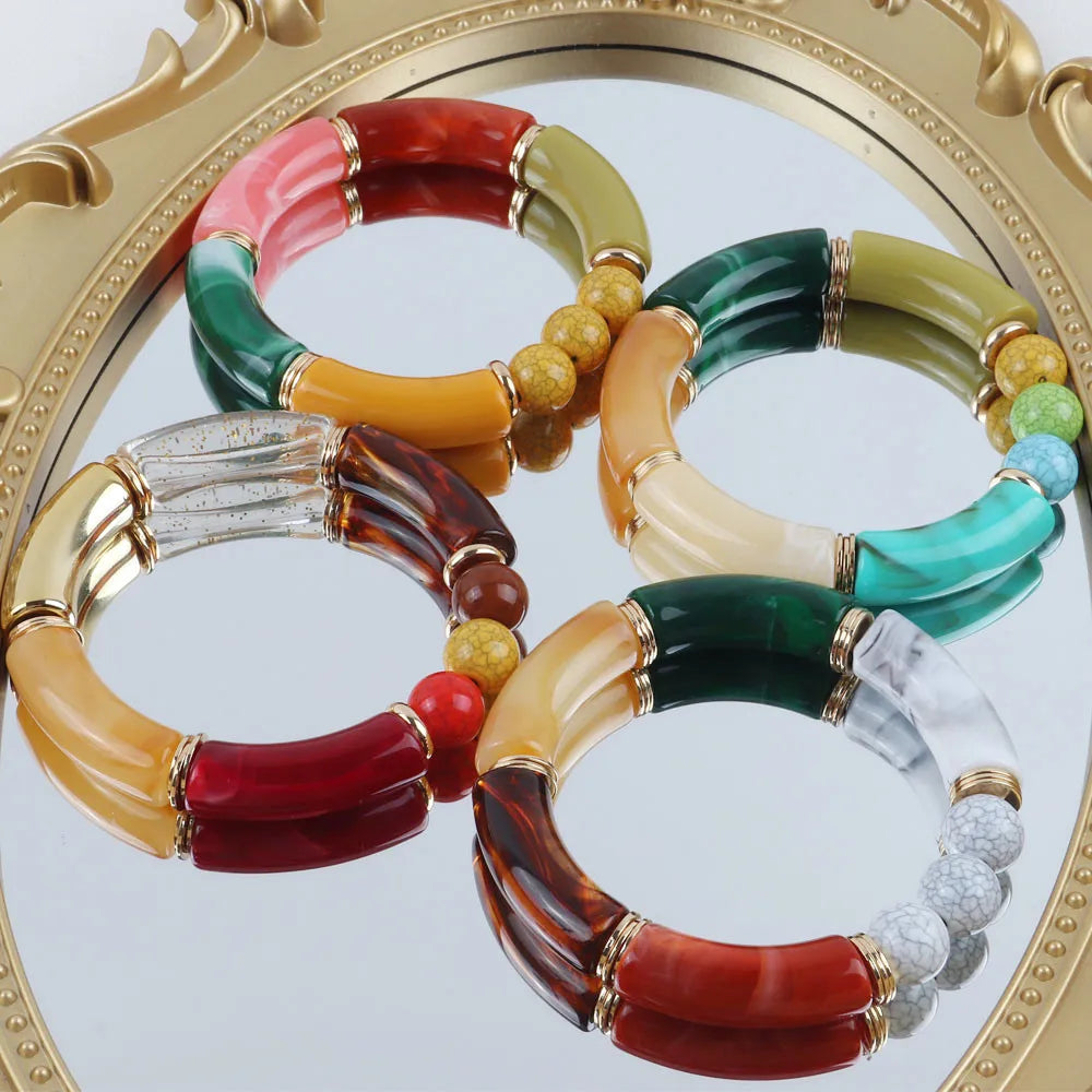 Bohomia Acrylic Design Style Chunky Bamboo Stackable Bracelet for Women Boho Elastic Colorful Tube Beads Braceletes 2024 Jewelry