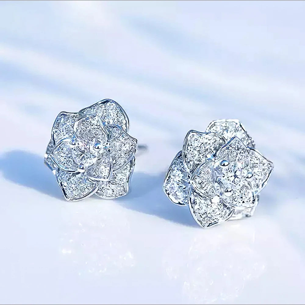 Shiny Cubic Zircon Flower Stud Earring for Women Silver Color Delicate Anniversary Gift Lady Stylish Accessories Ear Ring