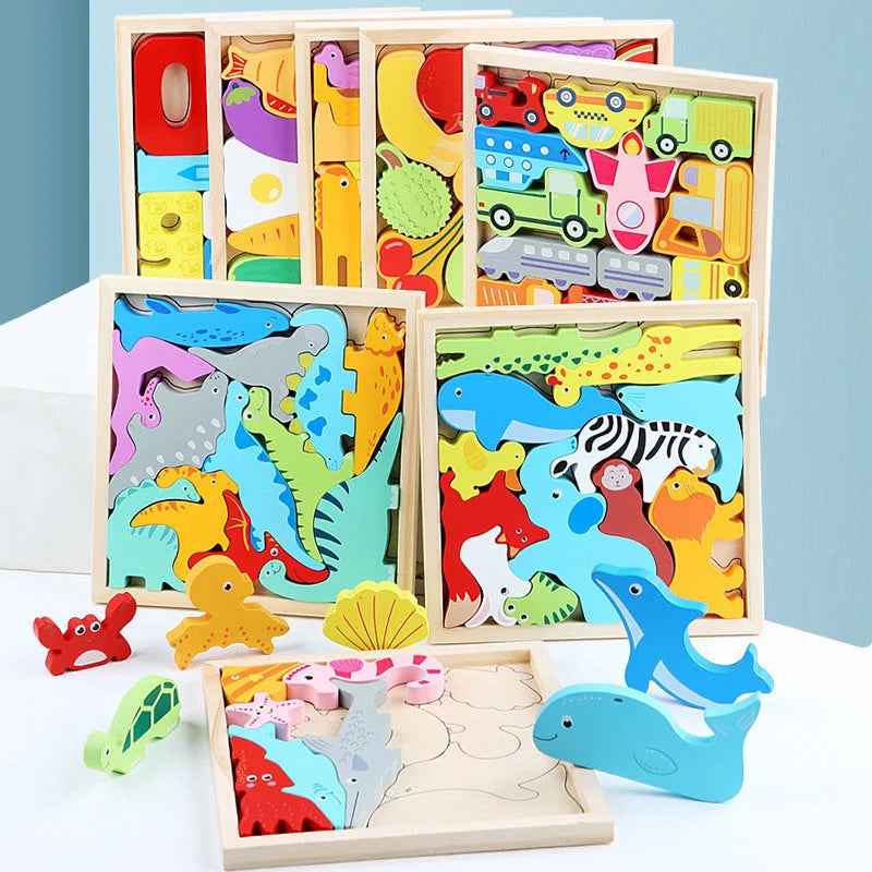 Montessori Wooden Toys 3D Jigsaw Puzzle Tangram Math Toys Baby Hand Grasp Board Shape Match Puzzle Educational Toys for Kids