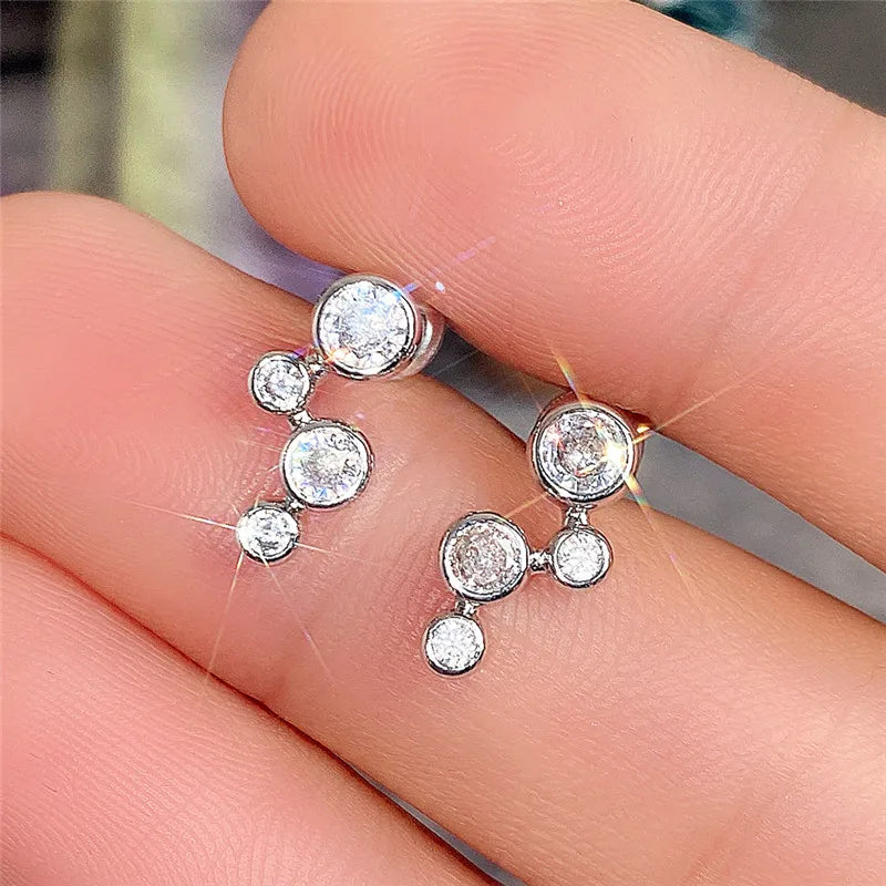 Minimalist Silver Color Stud Earrings for Women Round Cubic Zirconia Low-key Girls Ear Earrings Nice Gift Fashion Jewelry