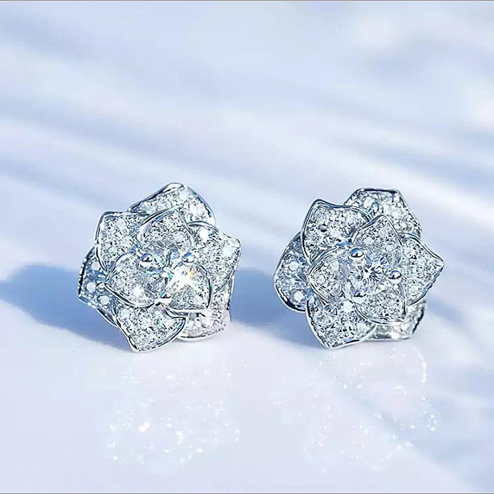 Shiny Cubic Zircon Flower Stud Earring for Women Silver Color Delicate Anniversary Gift Lady Stylish Accessories Ear Ring