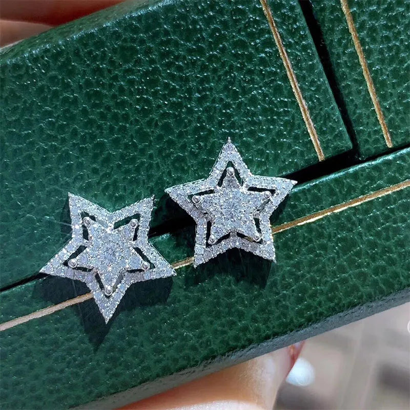 Brilliant Crystal Star Earrings Women Full Paved White Cubic Zirconia Simple Stylish Earring Versatile Fashion Jewelry