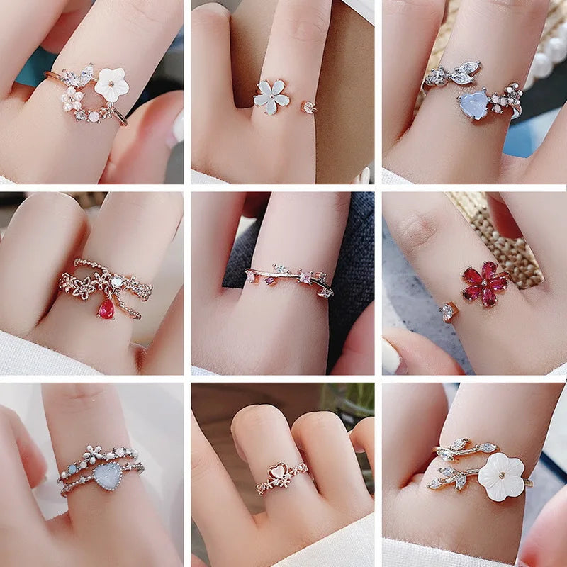 Fashion Crystal Zircon Rings Sweet Flower Leaf Butterfly Adjustable Open Rings Female Wedding Engagement Jewelry Gift