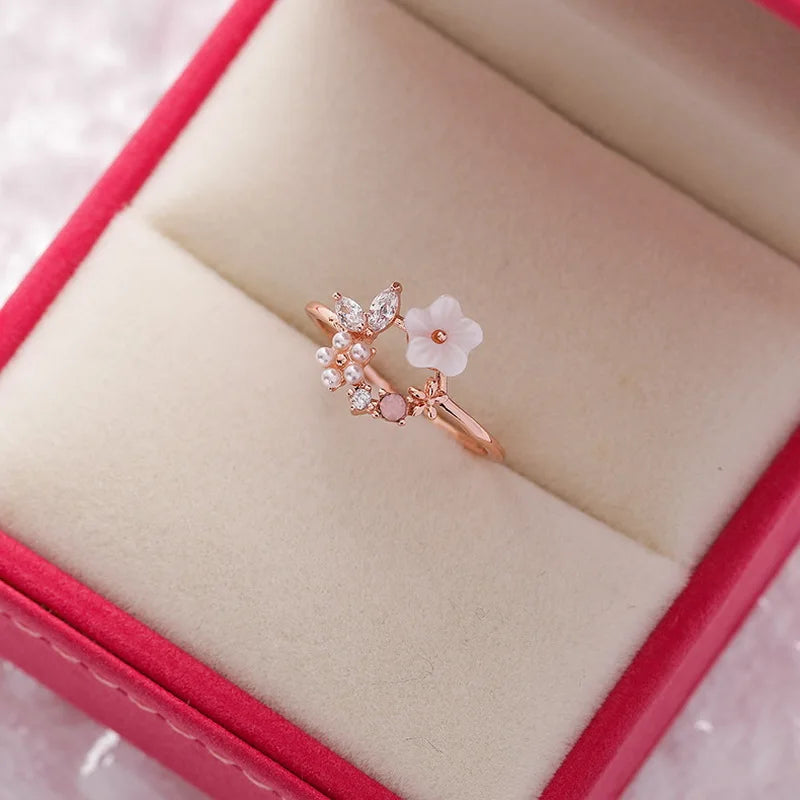 Fashion Crystal Zircon Rings Sweet Flower Leaf Butterfly Adjustable Open Rings Female Wedding Engagement Jewelry Gift