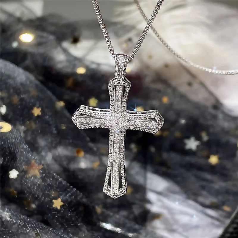 Luxury Full Cubic Zirconia Cross Pendant Necklace for Women Fashion Versatile Necklace Jewelry Party Daily Accessories