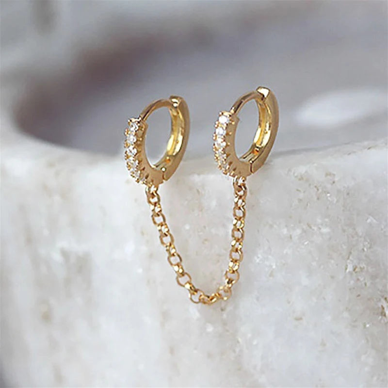 One PCS Hot Sale Two Hole Piercing Earrings for Women Brilliant Crystal Zircon 3 Metal Color Chain Earring Party Jewelry