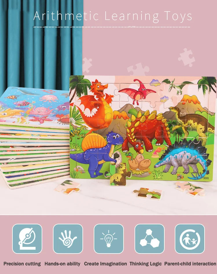 30 Pieces Wooden 3d Puzzles Cartoon Animal Jigsaw Puzzle Board Game Preschool Montessori Educational Toys For Children