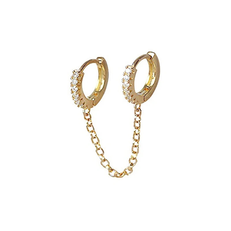 One PCS Hot Sale Two Hole Piercing Earrings for Women Brilliant Crystal Zircon 3 Metal Color Chain Earring Party Jewelry