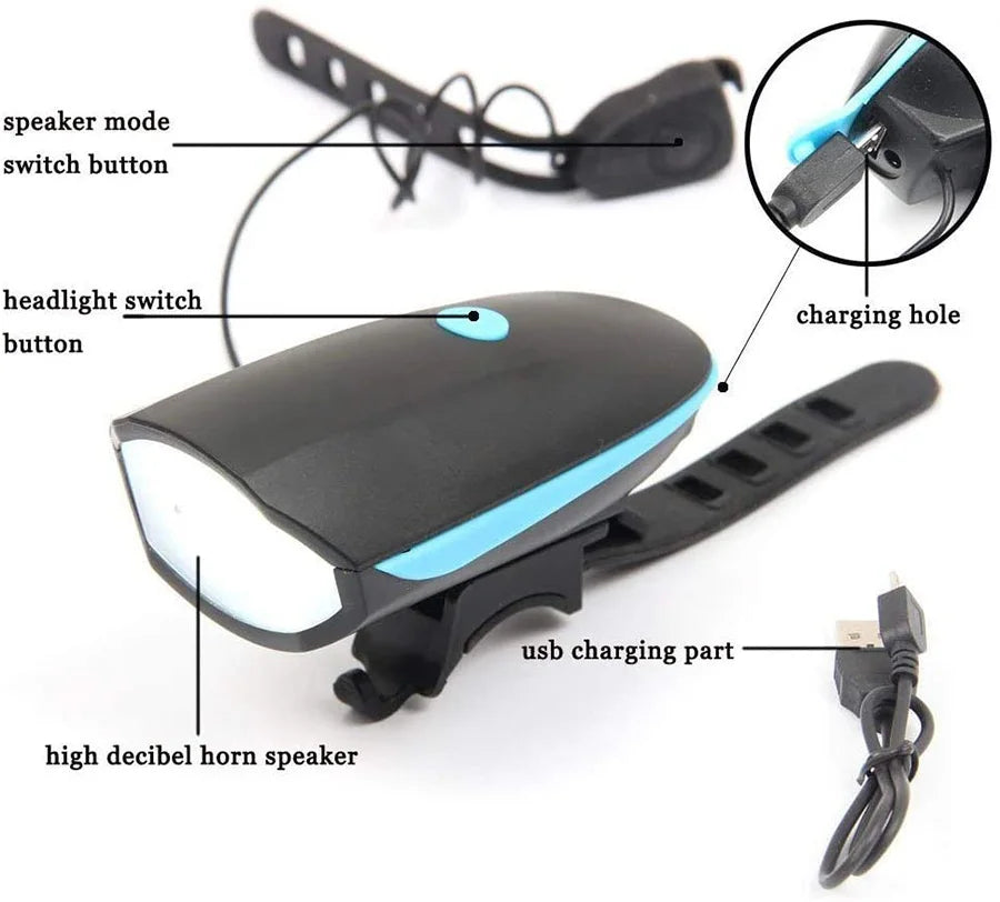 Bicycle Light with Horn USB Rechargeable LED Waterproof MTB Bike Dark Night Outdoor Riding Headlight and Rear Bike Light Set