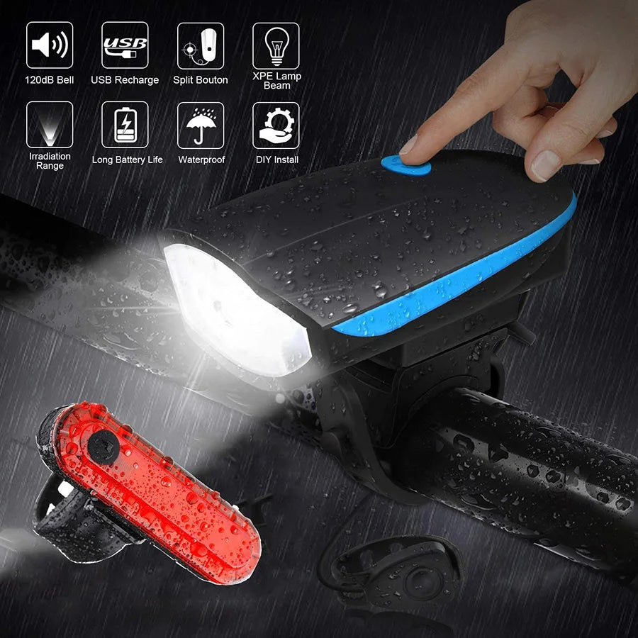 Bicycle Light with Horn USB Rechargeable LED Waterproof MTB Bike Dark Night Outdoor Riding Headlight and Rear Bike Light Set