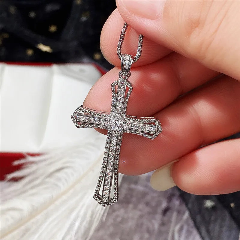 Luxury Full Cubic Zirconia Cross Pendant Necklace for Women Fashion Versatile Necklace Jewelry Party Daily Accessories
