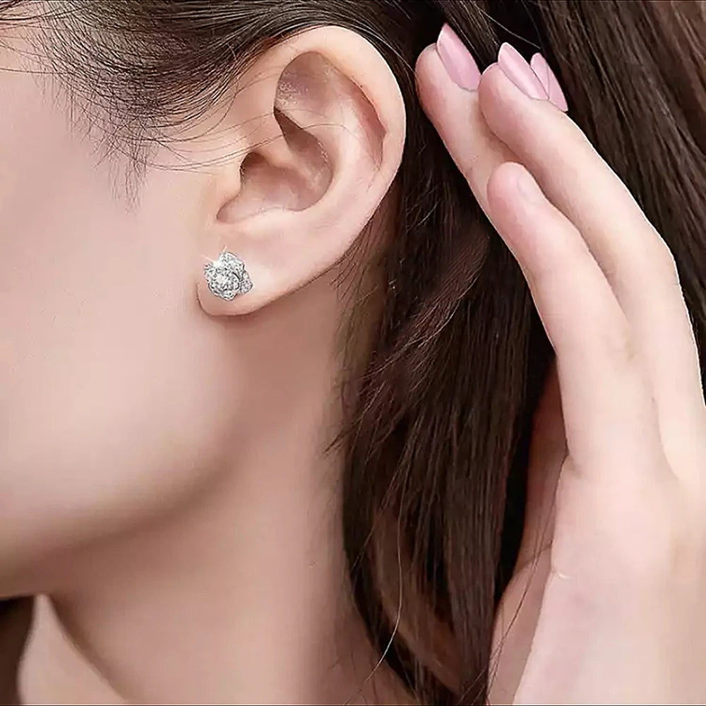 Shiny Cubic Zircon Flower Stud Earring for Women Silver Color Delicate Anniversary Gift Lady Stylish Accessories Ear Ring