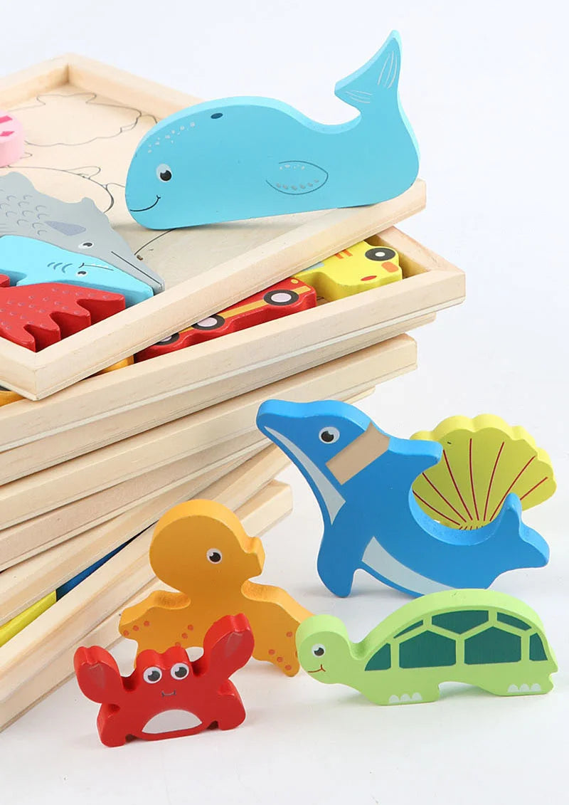 Montessori Wooden Toys 3D Jigsaw Puzzle Tangram Math Toys Baby Hand Grasp Board Shape Match Puzzle Educational Toys for Kids