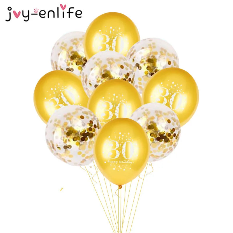 JOY-ENLIFE 10pcs Inflatable Confetti Balloons 12inch Latex Balloons 30 40 50 60 Years Birthday Party Adult Foil Helium Balloons