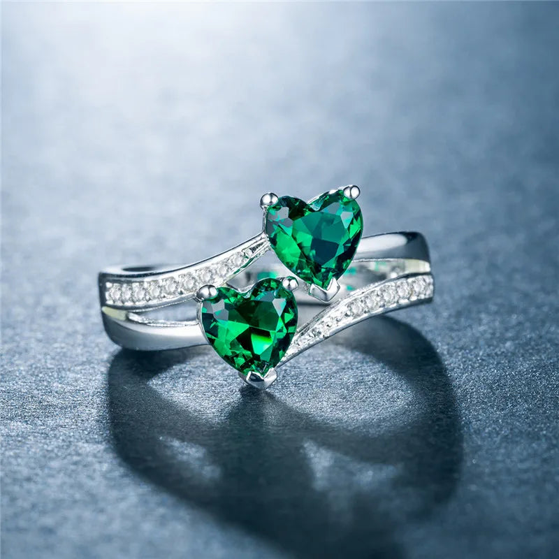 Stylish Female Rings Silver-plated Double Heart-Shaped Cubic Zircons Wedding Ring For Women Girls Nice Gift For Birthday