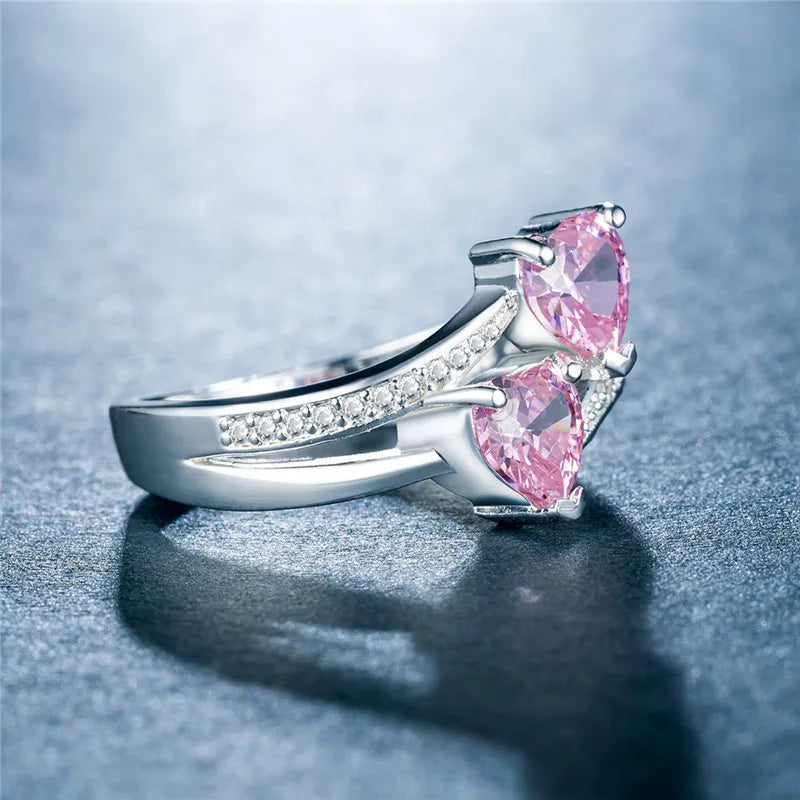 Stylish Female Rings Silver-plated Double Heart-Shaped Cubic Zircons Wedding Ring For Women Girls Nice Gift For Birthday