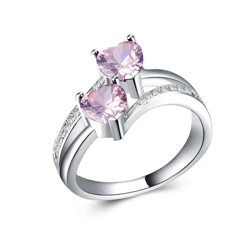Stylish Female Rings Silver-plated Double Heart-Shaped Cubic Zircons Wedding Ring For Women Girls Nice Gift For Birthday