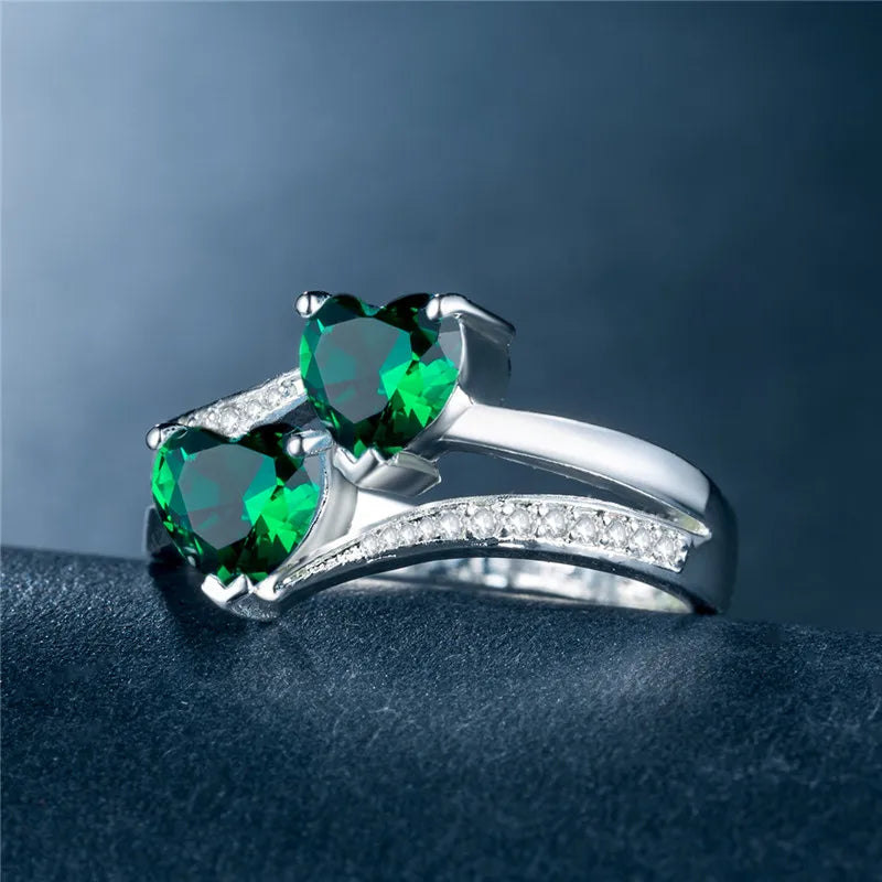 Stylish Female Rings Silver-plated Double Heart-Shaped Cubic Zircons Wedding Ring For Women Girls Nice Gift For Birthday