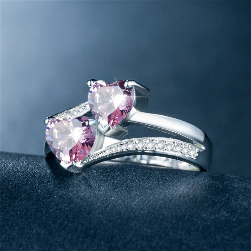 Stylish Female Rings Silver-plated Double Heart-Shaped Cubic Zircons Wedding Ring For Women Girls Nice Gift For Birthday