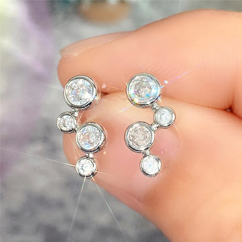 Minimalist Silver Color Stud Earrings for Women Round Cubic Zirconia Low-key Girls Ear Earrings Nice Gift Fashion Jewelry