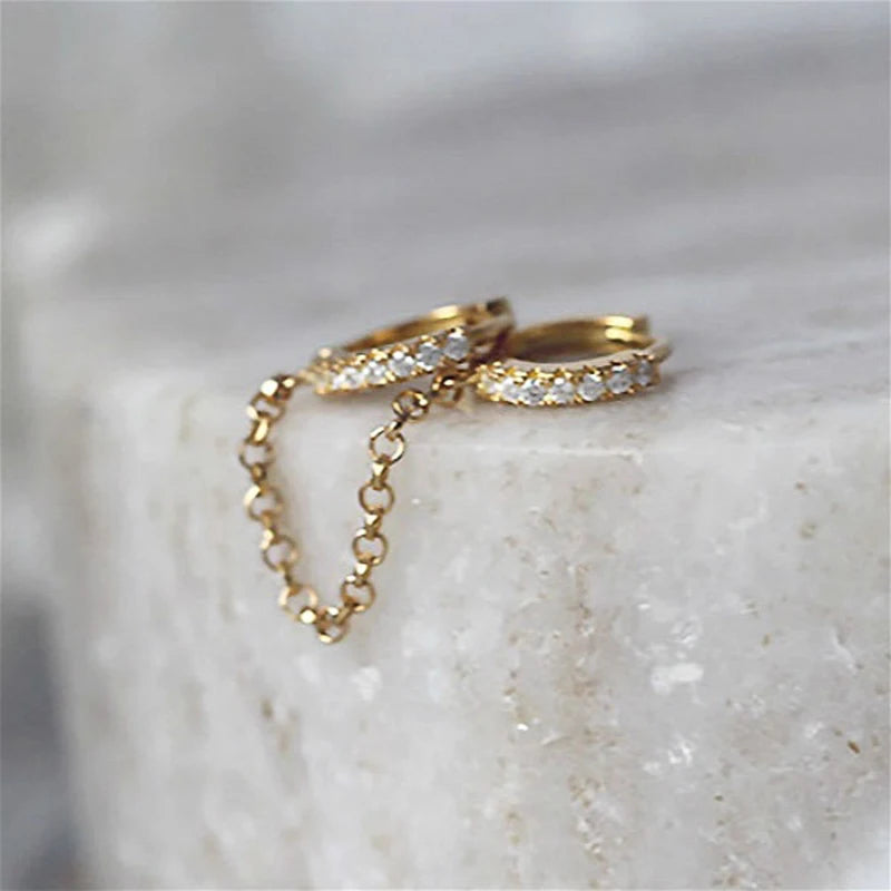 One PCS Hot Sale Two Hole Piercing Earrings for Women Brilliant Crystal Zircon 3 Metal Color Chain Earring Party Jewelry