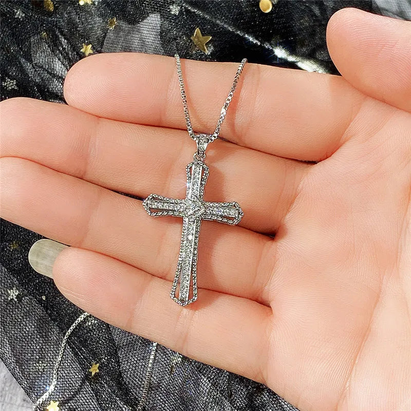 Luxury Full Cubic Zirconia Cross Pendant Necklace for Women Fashion Versatile Necklace Jewelry Party Daily Accessories
