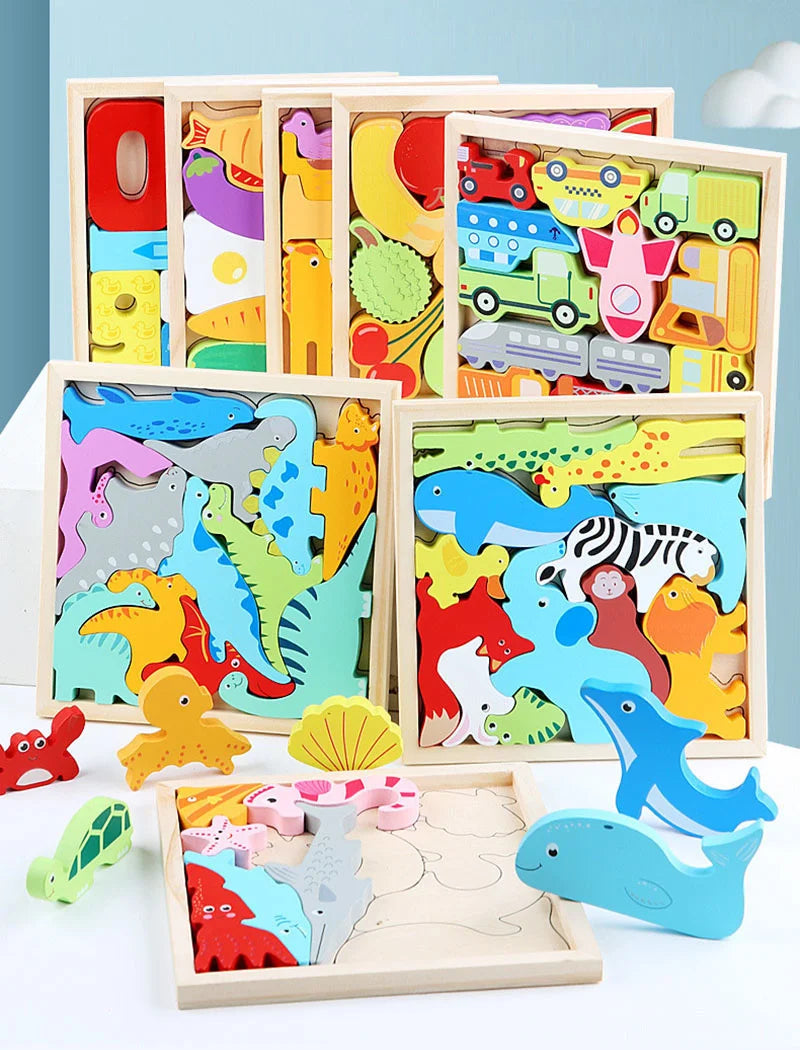 Montessori Wooden Toys 3D Jigsaw Puzzle Tangram Math Toys Baby Hand Grasp Board Shape Match Puzzle Educational Toys for Kids
