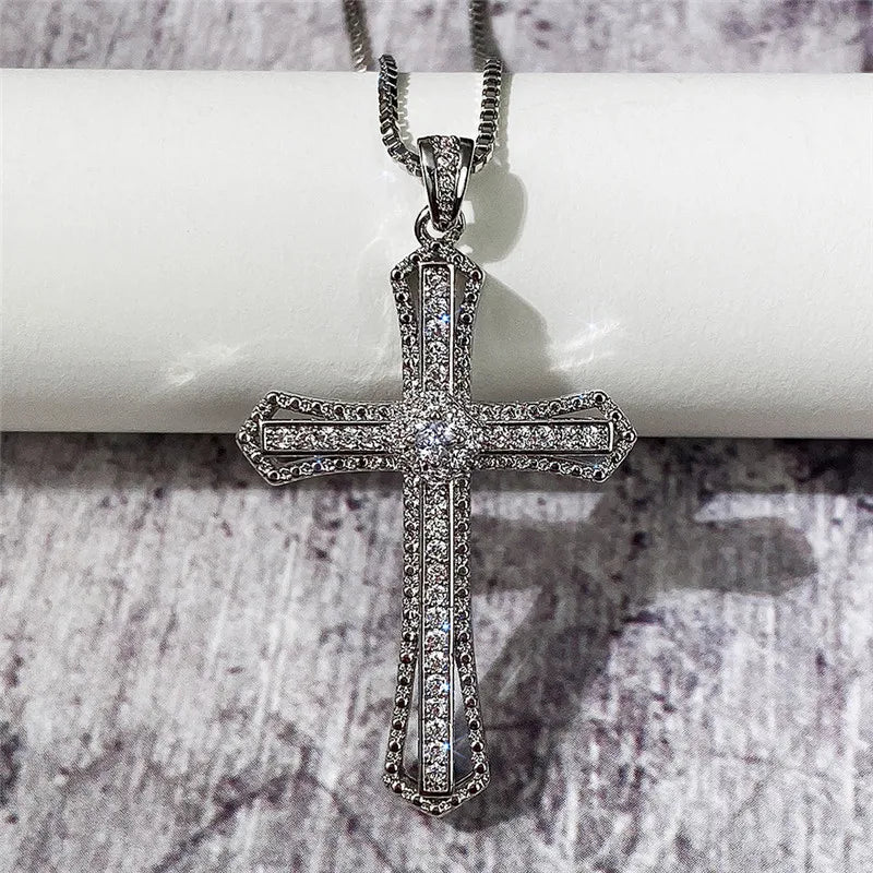 Luxury Full Cubic Zirconia Cross Pendant Necklace for Women Fashion Versatile Necklace Jewelry Party Daily Accessories