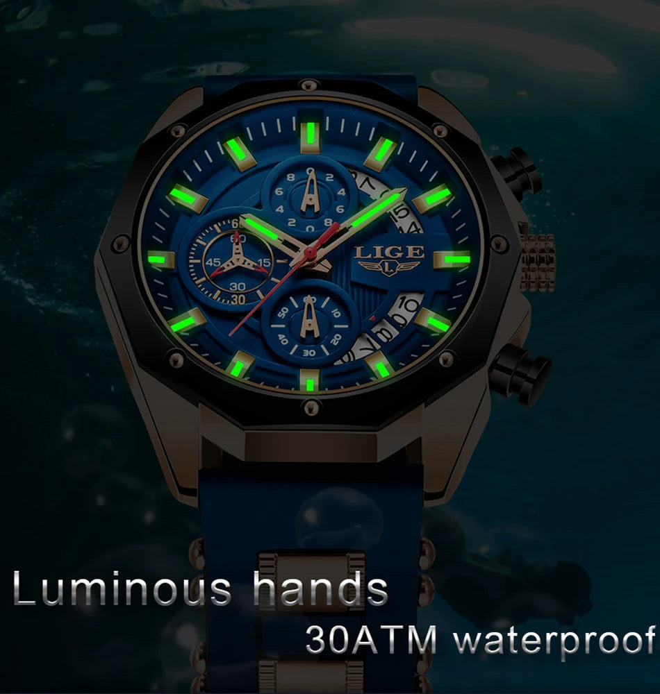 2024 LIGE New Fashion Mens Watches Top Brand Luxury Silicone Sport Watch Men Quartz Date Clock Waterproof Wristwatch Chronograph