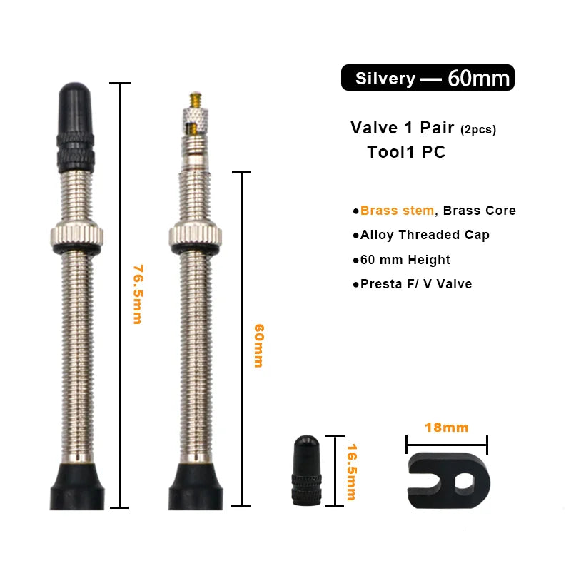 2Pcs 40/60MM Bicycle Vacuum Air Valve Durable Alloy Stem Brass Core F/V Presta MTB Bike Tubeless Tire Nozzle Cap Cycling Parts