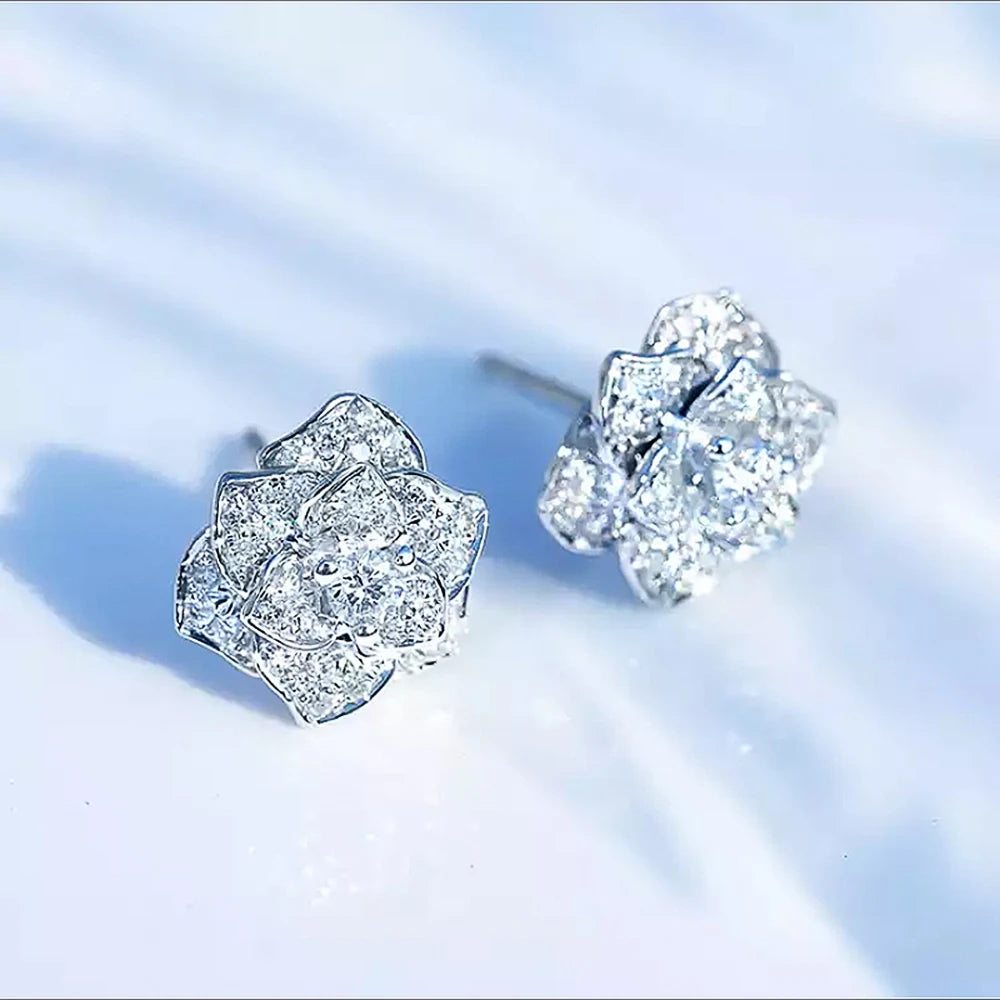 Shiny Cubic Zircon Flower Stud Earring for Women Silver Color Delicate Anniversary Gift Lady Stylish Accessories Ear Ring