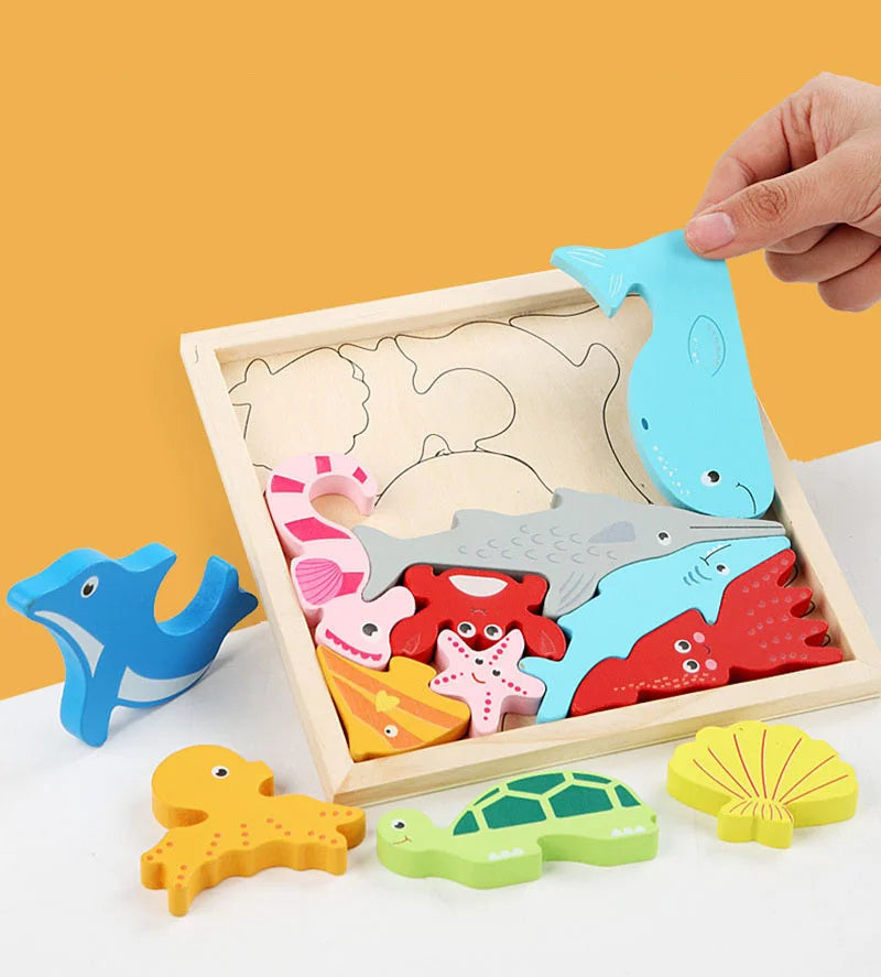 Montessori Wooden Toys 3D Jigsaw Puzzle Tangram Math Toys Baby Hand Grasp Board Shape Match Puzzle Educational Toys for Kids