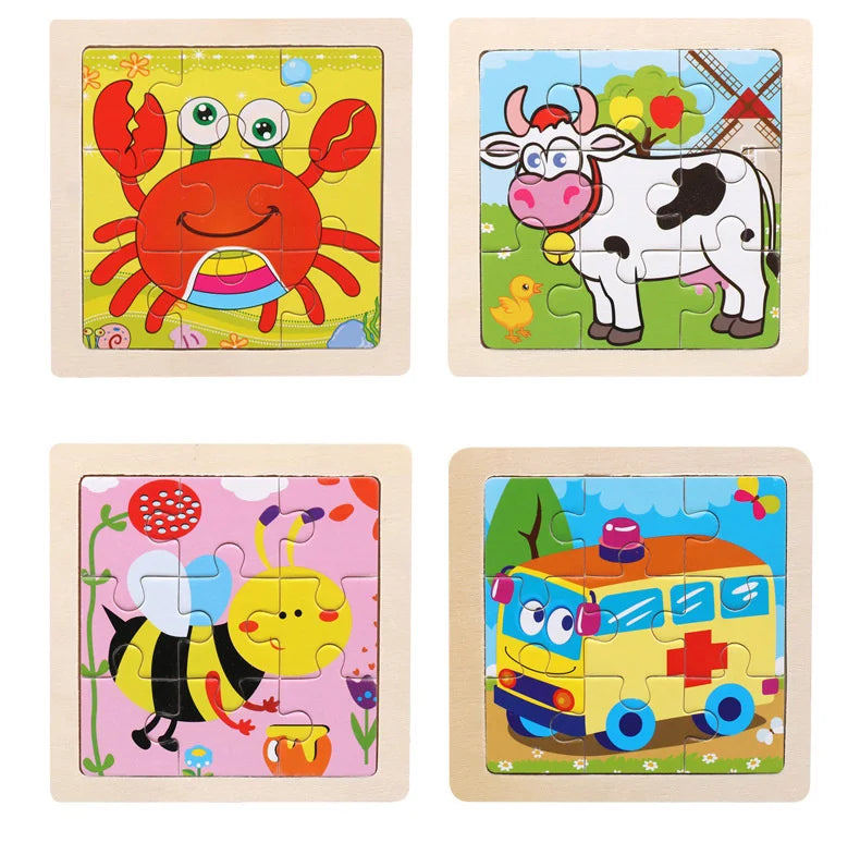 Baby Wooden Toys 11x11cm Jigsaw 3d Puzzle Cartoon Animal Traffic Wooden Puzzle Game Montessori Educational Toys For Children